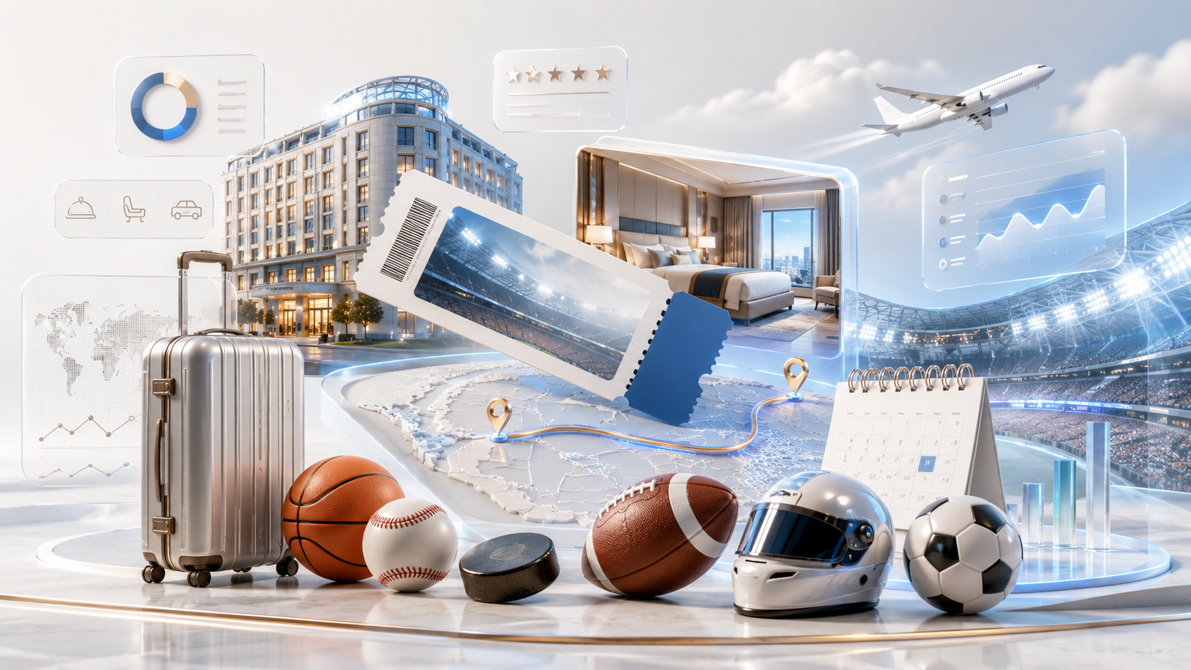 Sports travel package concept with tickets, hotel, route planning and sports equipment